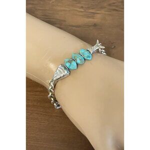 Designer Chan Luu Orris Turquoise Stone Fish Motif Chain Bracelet Silver Tone